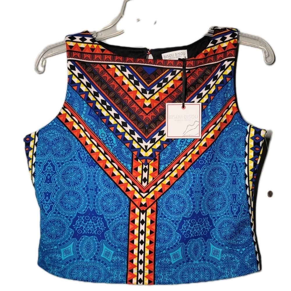 NWT Bisou Bisou Womens Size Medium Blue Multicolor Aztec Sleeveless Top
